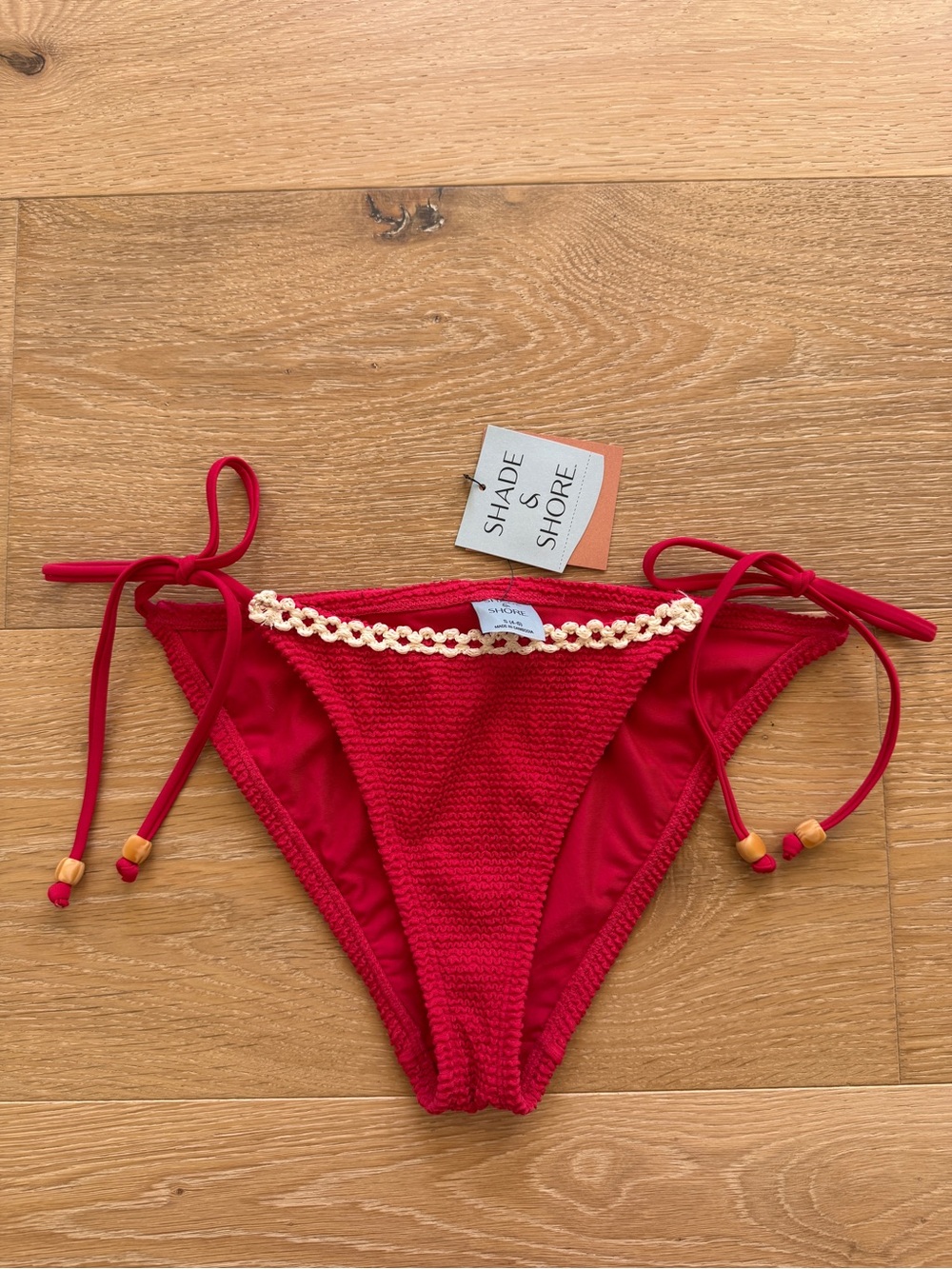 Shade & Shore Red Bikini Bottom with Cream Crochet Trim